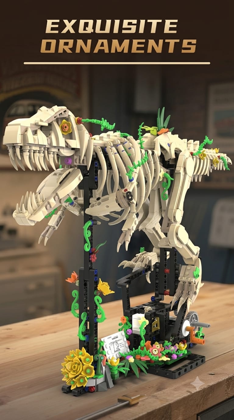 Motorized T-Rex dinosaur skeleton building block model decorated with floral vines on a tabletop display stand.