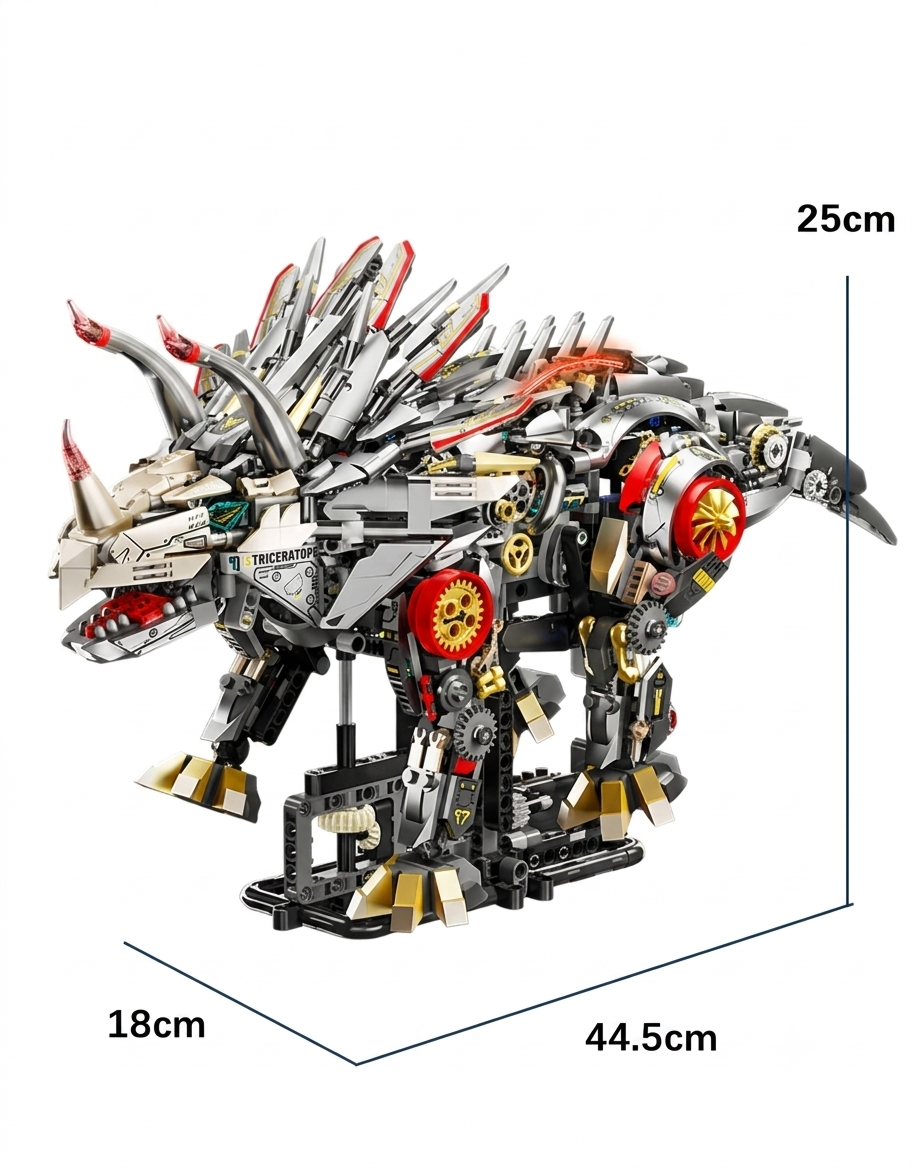 Mechanical Triceratops dinosaur building block model on display stand showing dimensions of 44.5 cm length, 25 cm height, and 18 cm width.