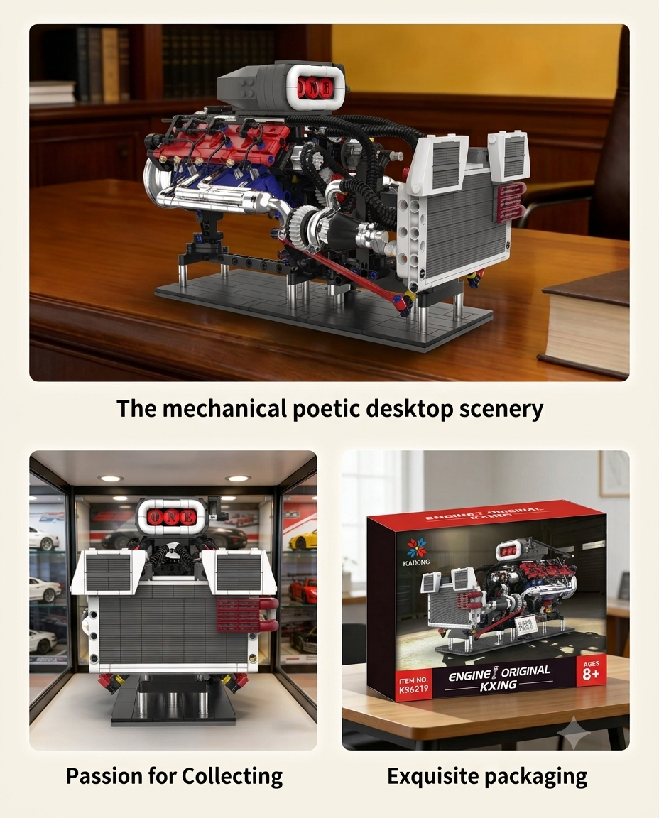Assembled supercharged V8 engine block model showcased on a wooden office desk and inside a display case