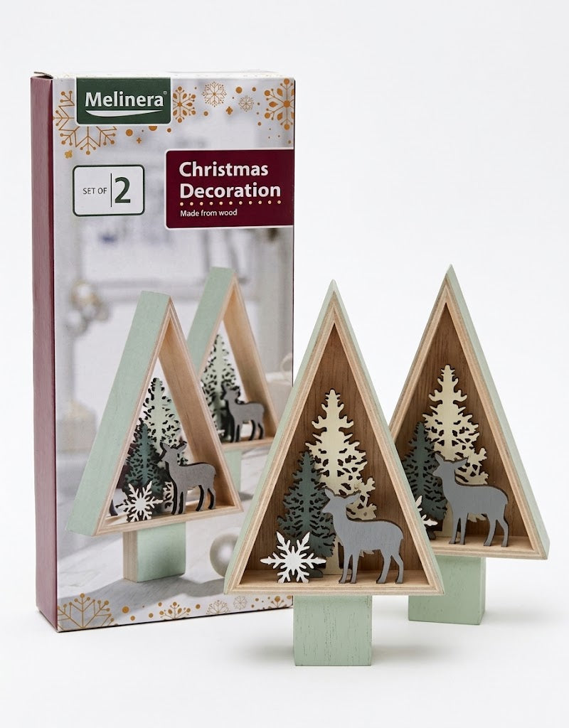 Melinera set of two mint green wooden Christmas tree standing figurines displayed with original box packaging in Lebanon.