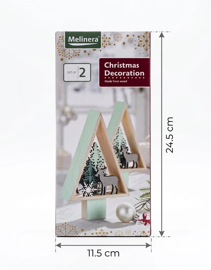 Melinera 2-piece wooden Christmas decoration retail packaging showing dimensions 24.5 cm height by 11.5 cm width, fast shipping in Lebanon.