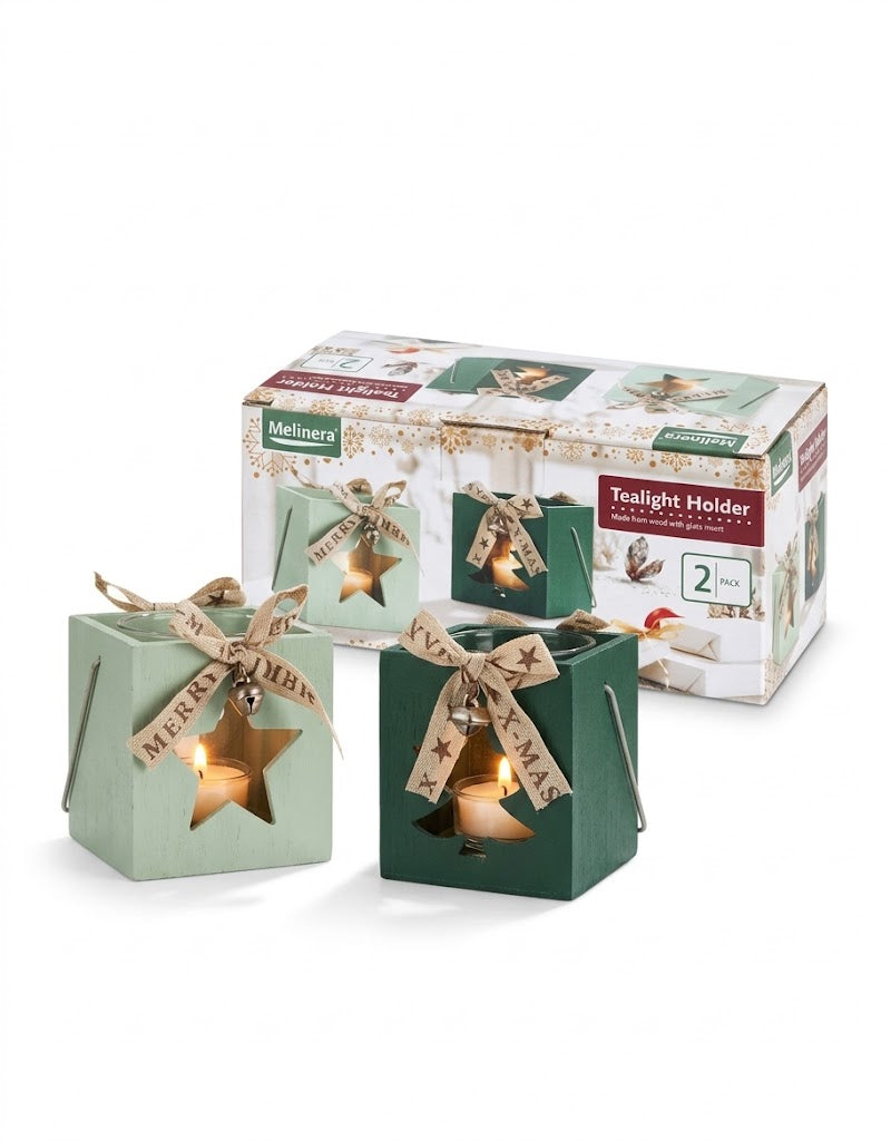 Complete 2-piece Melinera wooden Christmas tealight holder gift set with original packaging box, fast delivery across Lebanon.