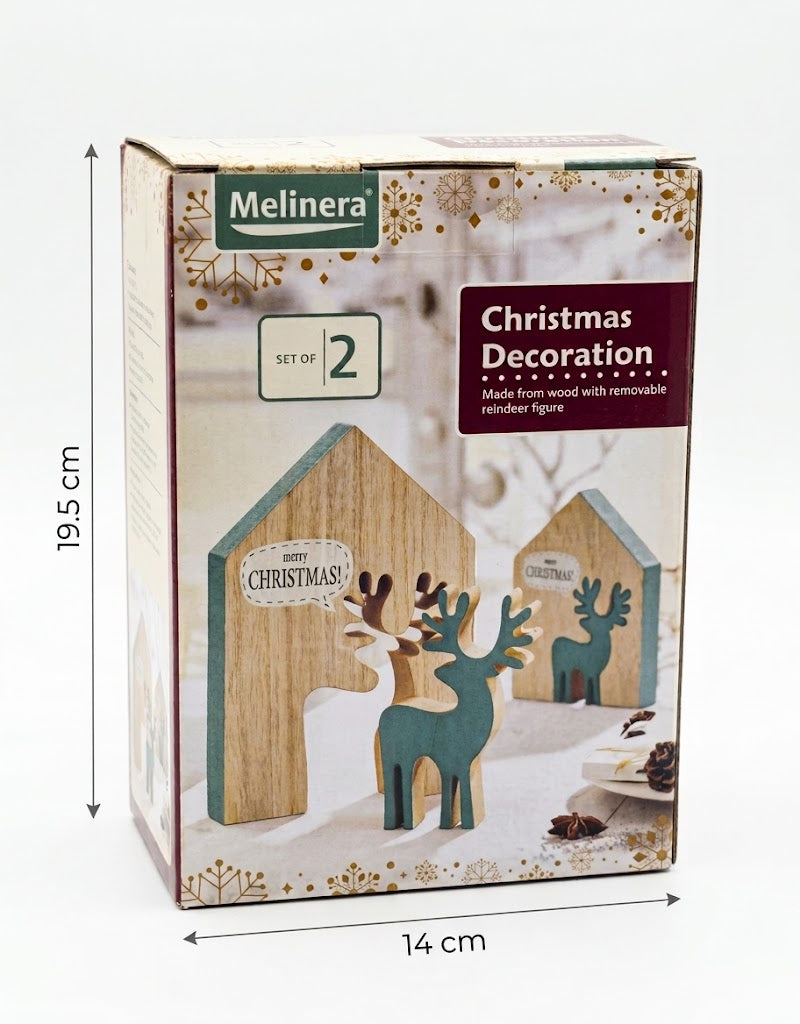 Melinera set of 2 wooden Christmas house decorations with removable reindeer figures in packaging with dimensions, available across Lebanon.