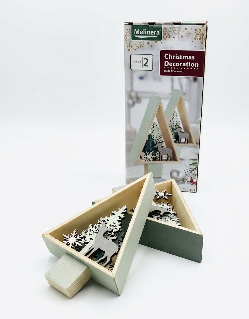 Set of 2 Melinera wooden Christmas tree table decorations with reindeer and snowflake cutout designs, available across Lebanon.