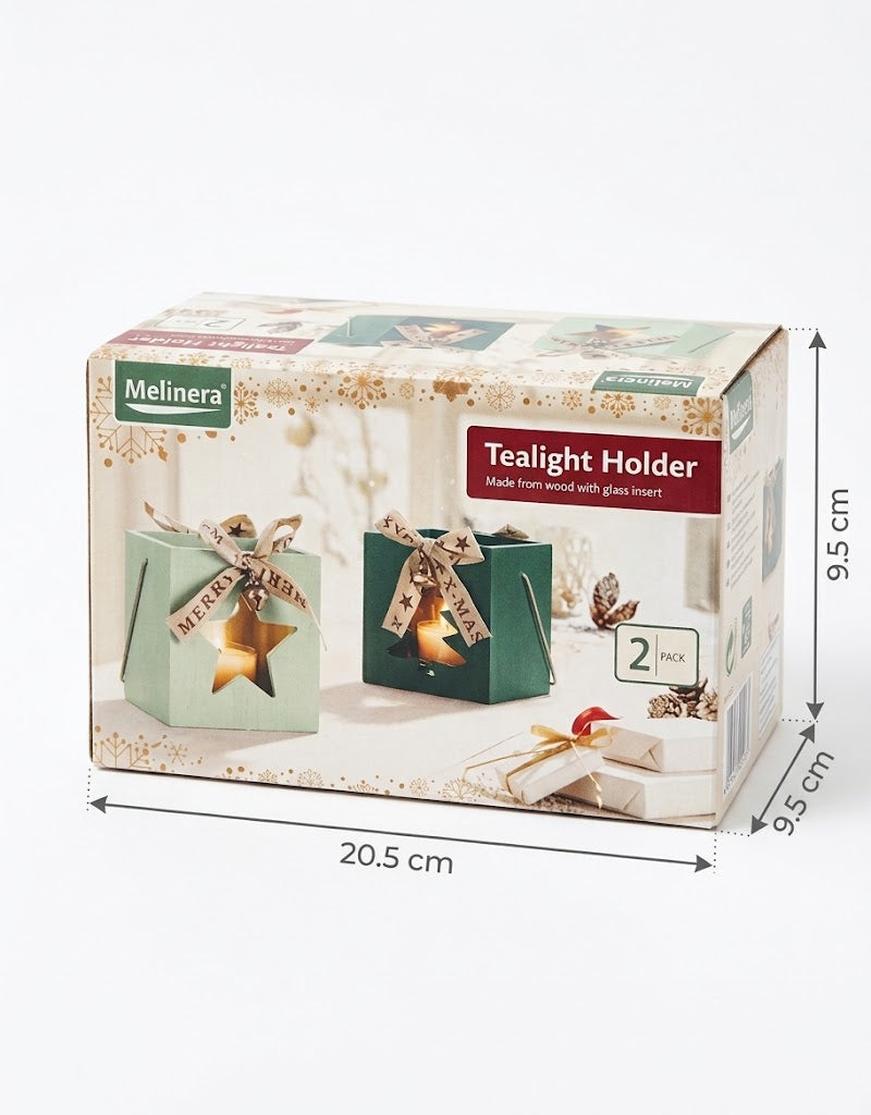 Melinera 2-pack wooden tealight holder packaging box showing 20.5 x 9.5 cm dimensions and glass insert details in Lebanon.