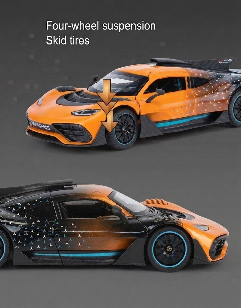 1:24 scale Mercedes-AMG One orange diecast model car highlighting working four-wheel shock suspension and skid tires