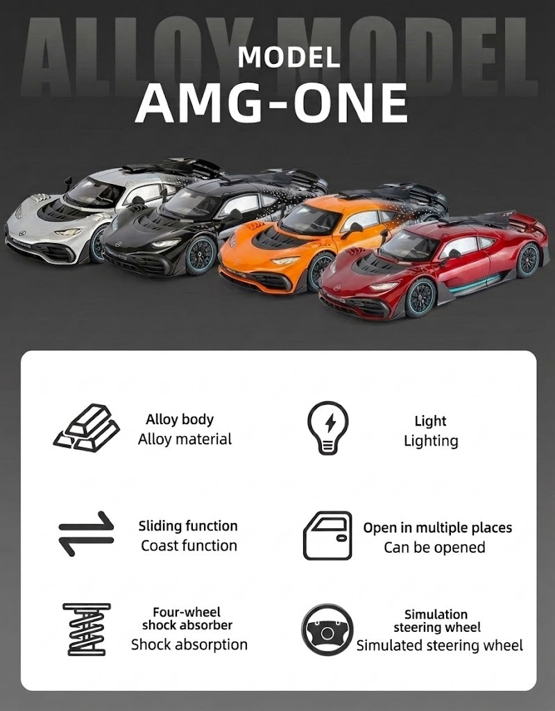 Mercedes-AMG One 1:24 diecast car in silver, black, orange, and red with alloy body and lighting feature icons