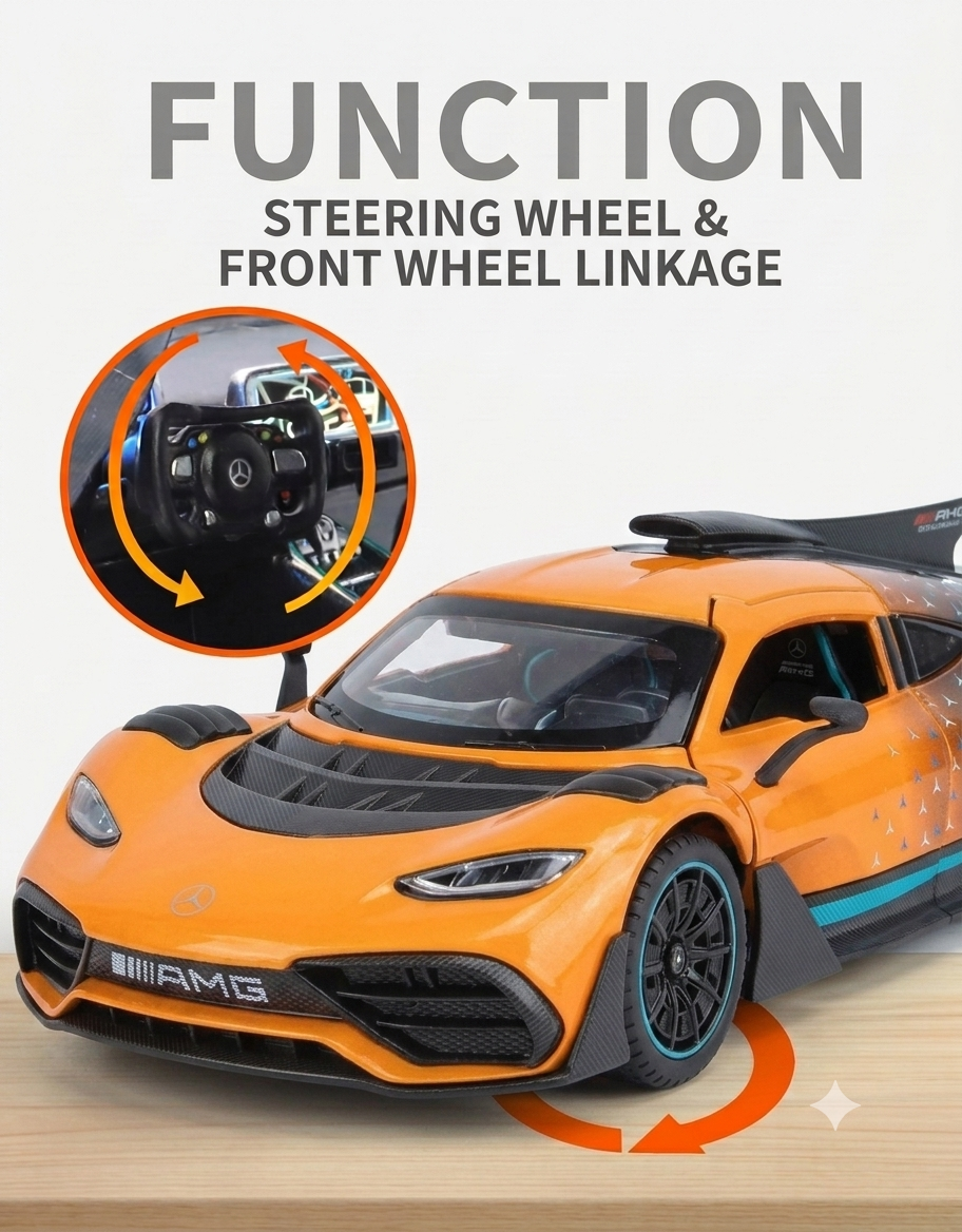 Functional front-wheel steering linked to interior steering wheel on 1:24 Mercedes-AMG One diecast car