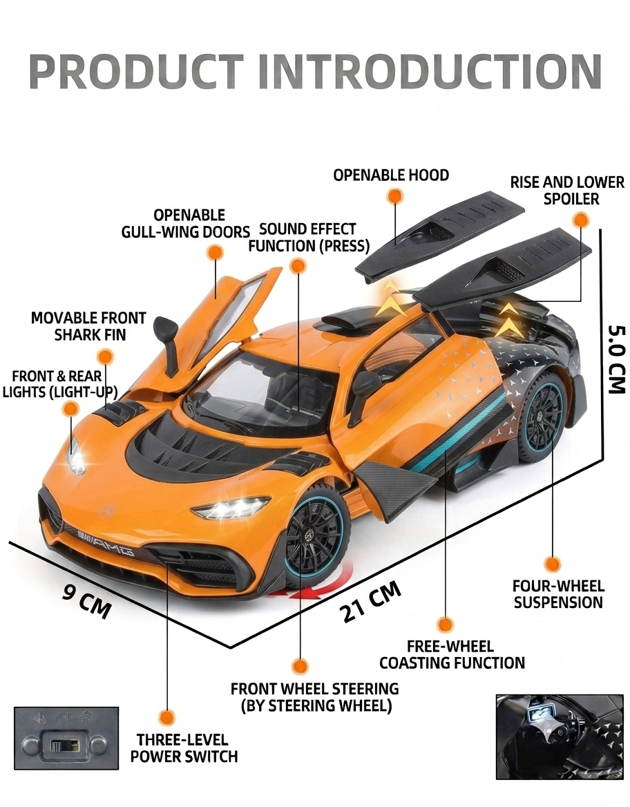 Diagram of 1:24 Mercedes-AMG One diecast car showing openable butterfly doors, hood, movable spoiler, and sound effects