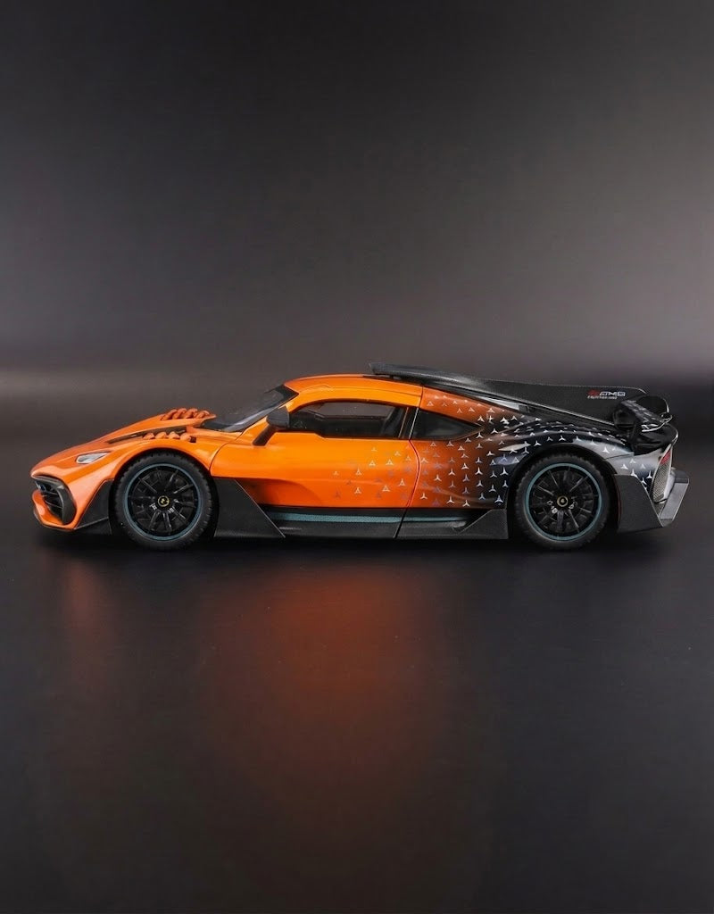Side profile view of 1:24 Mercedes-AMG One diecast supercar showcasing aerodynamic shark fin and gradient star livery