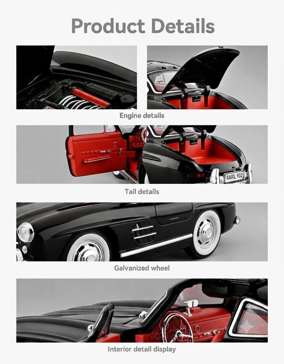 Close-up views of the 1:18 Mercedes-Benz 300SL diecast engine bay open trunk chrome wheels and red interior
