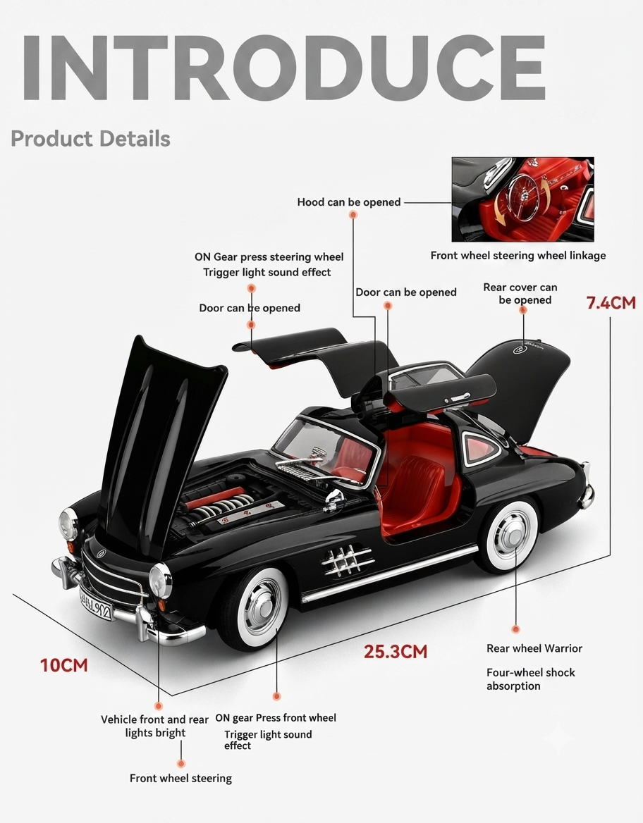 Black 1:18 Mercedes-Benz 300SL diecast car with open gullwing doors hood trunk and interactive feature diagram