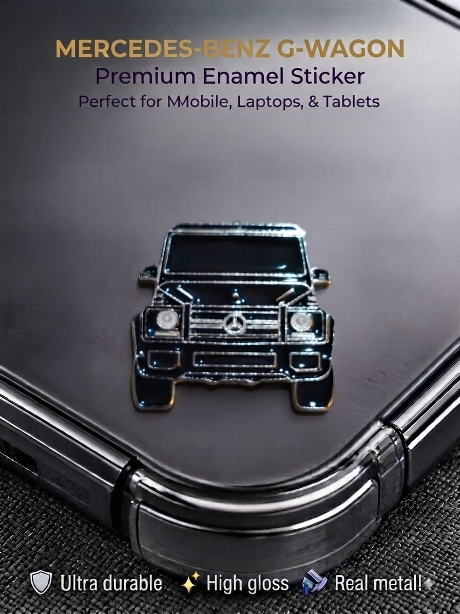 Black Mercedes-Benz G-Wagon glossy metal enamel sticker emblem applied to a smartphone case