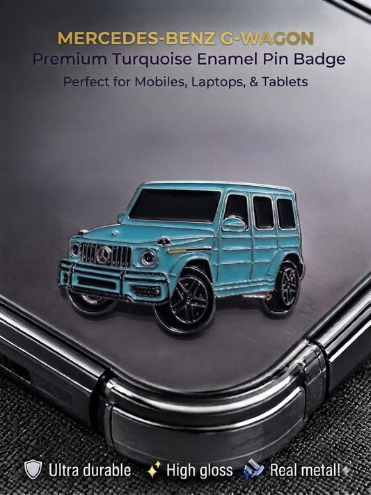 Turquoise Mercedes-Benz G-Wagon high-gloss enamel metal badge sticker attached to a black phone case