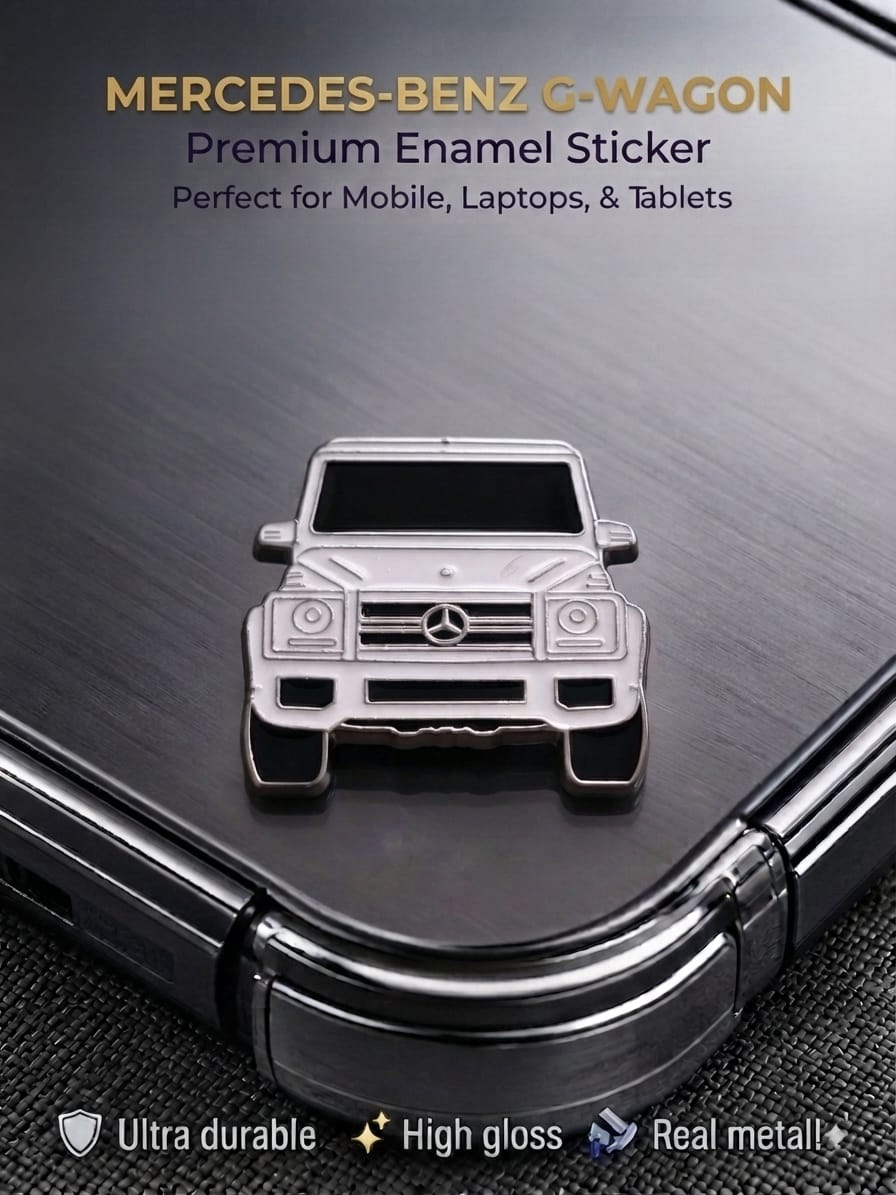 White Mercedes-Benz G-Wagon premium metal enamel sticker badge attached to the back of a sleek smartphone.