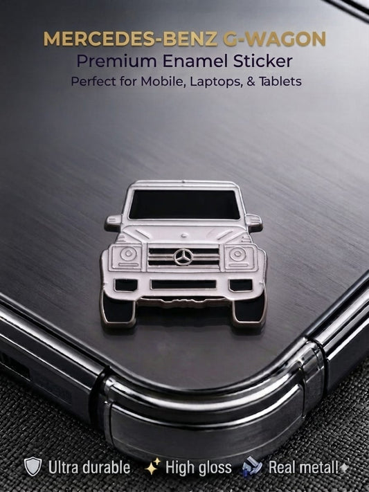 White Mercedes-Benz G-Wagon premium metal enamel sticker badge attached to the back of a sleek smartphone.