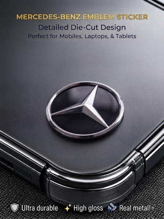 3D chrome and black Mercedes-Benz metal emblem sticker decal applied to a sleek mobile phone case.