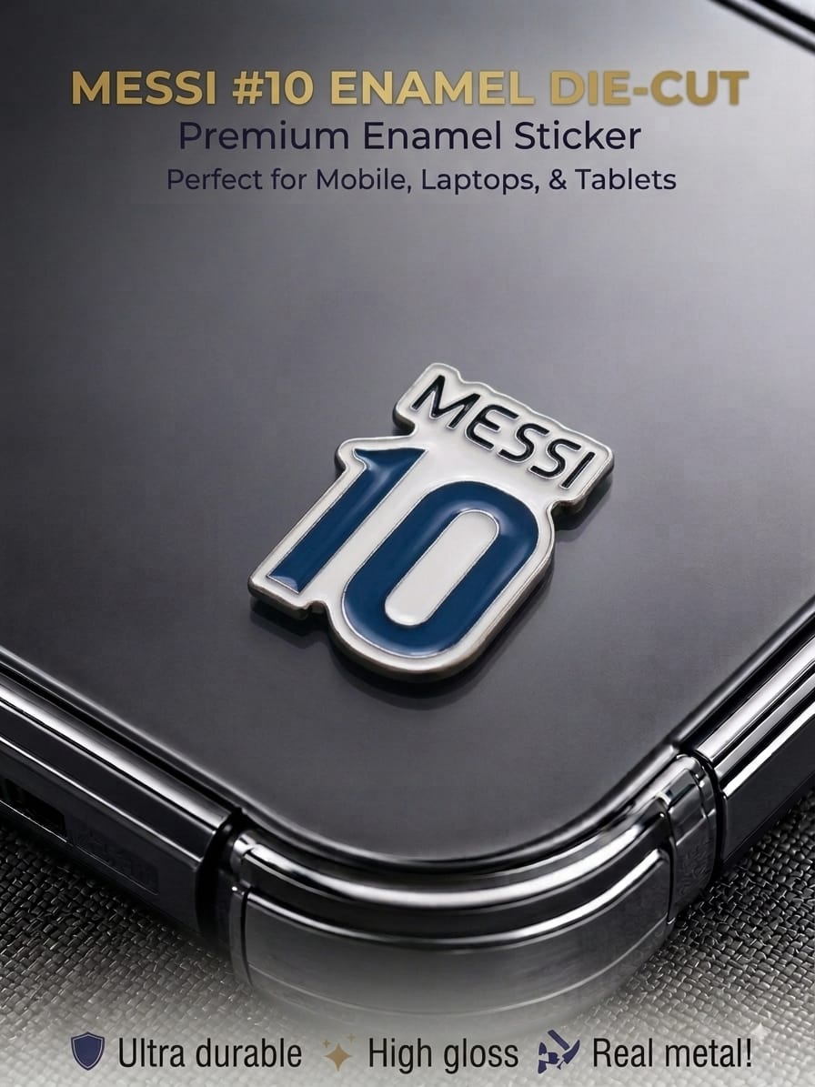 Lionel Messi 10 die-cut metal enamel sticker with high gloss blue and white finish applied to a mobile phone case