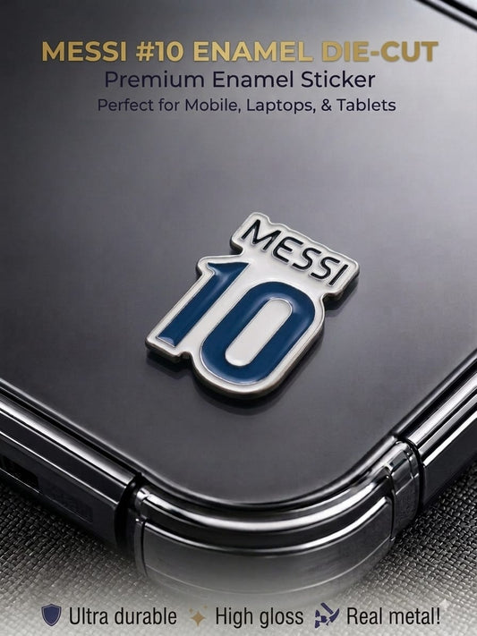 Lionel Messi 10 die-cut metal enamel sticker with high gloss blue and white finish applied to a mobile phone case