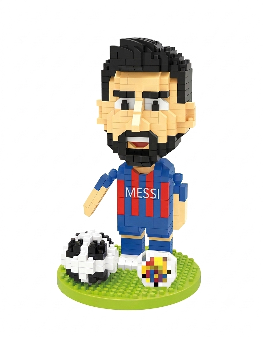 Lionel Messi cartoon mini building block player figure with soccer ball on grass stand