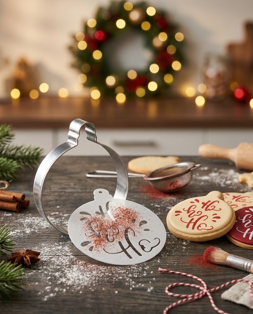 Metal Christmas bauble cookie cutter and reusable Ho Ho Ho decorating stencil with iced cookies, holiday baking supplies in Lebanon.