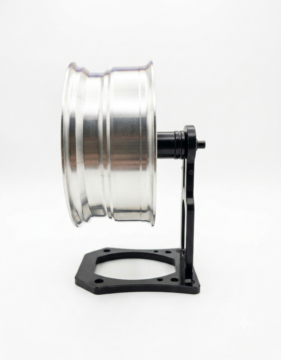Side profile view of 10cm aluminum wheel barrel mounted on an adjustable rotating spindle stand