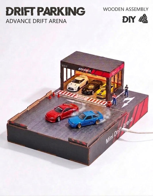 1:64 scale motorized Mini Drift Arena electric track pad with illuminated Advance garage diorama and variable speed dial