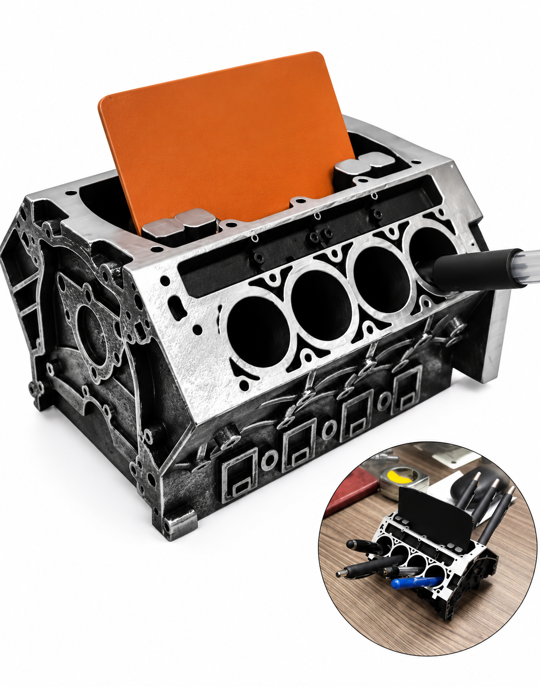 Machined V8 car engine replica desk organizer with card slot insert and cylinder pen storage on a clean white background, fast delivery across Lebanon.