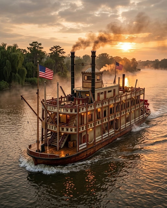 Mississippi paddlewheel steamboat wooden 3D puzzle model kit sailing along the misty Mississippi River in New Orleans Louisiana at golden hour sunset