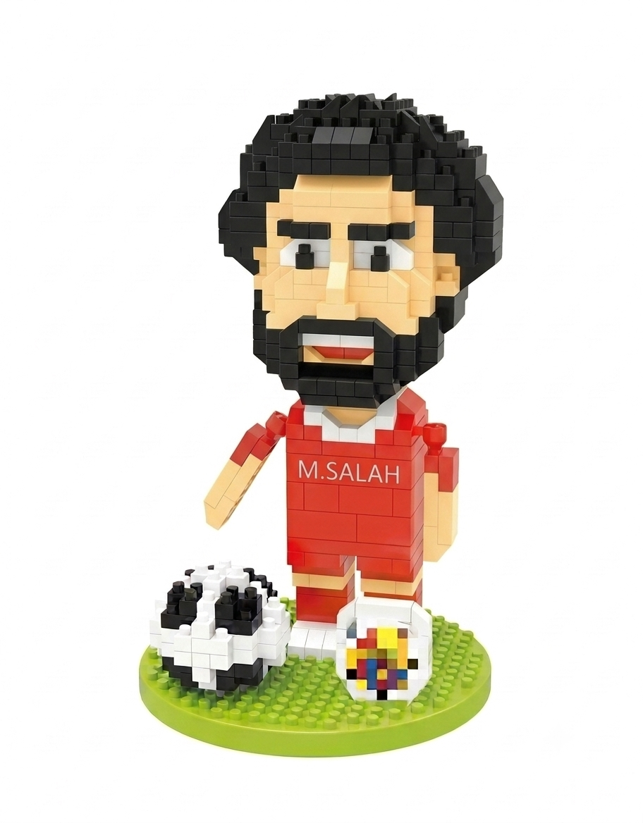 Mohamed Salah red kit cartoon mini building blocks football player model on stand