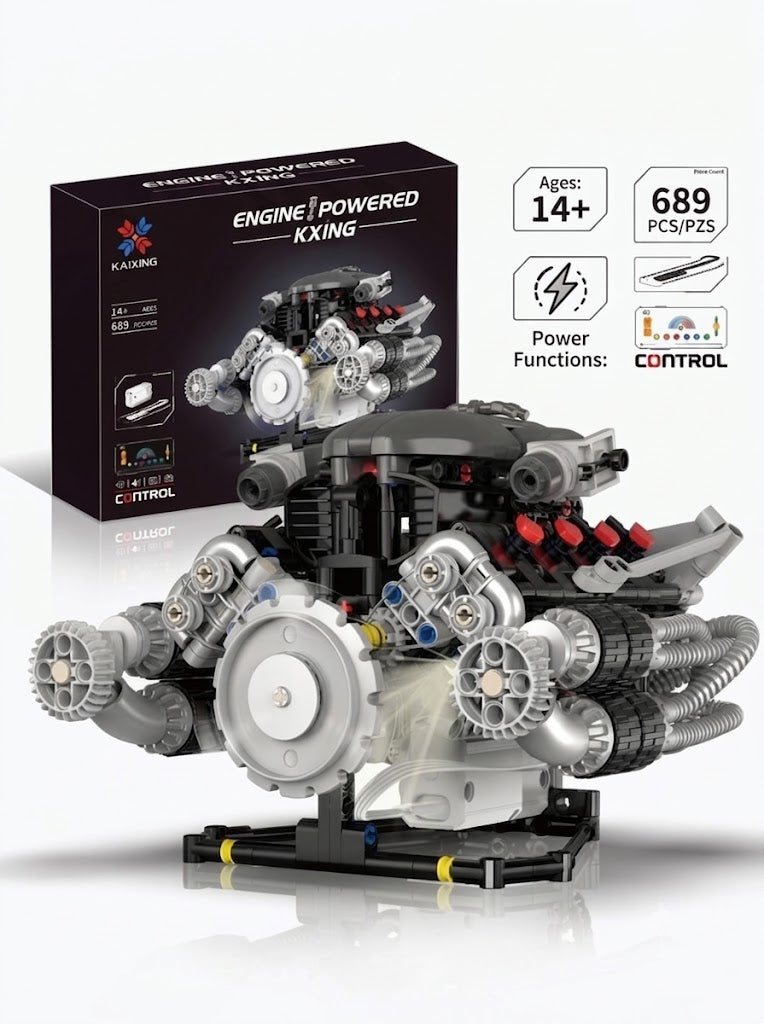 Motorized V8 supercar engine model building block kit with electric motor, moving gears, and display stand