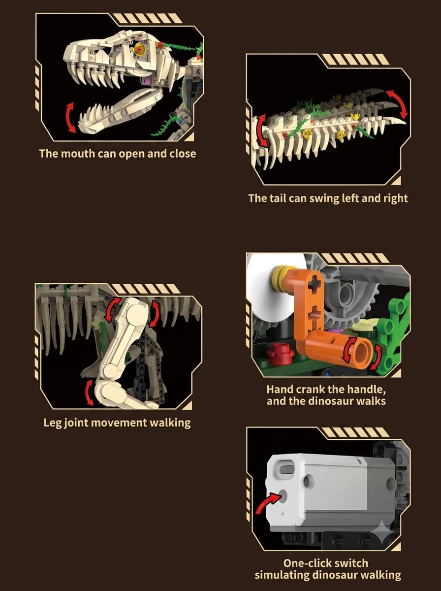 Feature diagram showing movable jaw, swinging tail, walking legs, hand crank, and motorized switch for the T-Rex skeleton set.