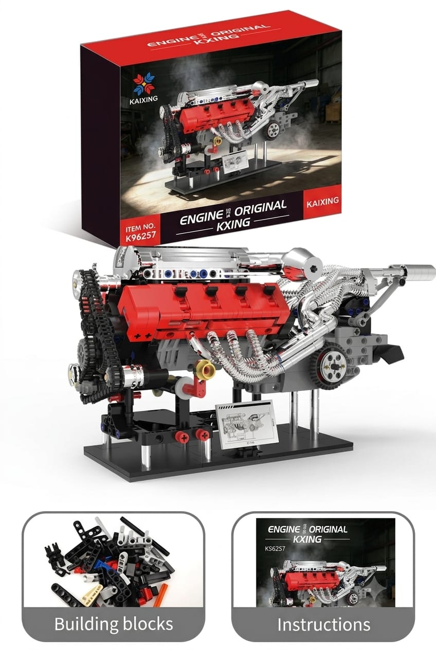 Motorized Kaixing K96257 mechanical engine model kit including retail box, electric power motor, building blocks, and instruction manual.