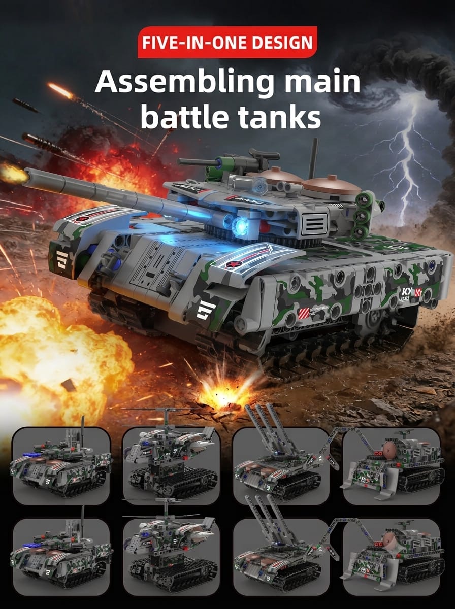 Assembled remote control tracked battle tank toy kit featured on an explosive battlefield background.