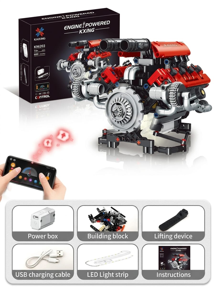 App-controlled motorized V8 mechanical building block model kit with retail packaging, battery power box, LED light strip, and USB charging cable.