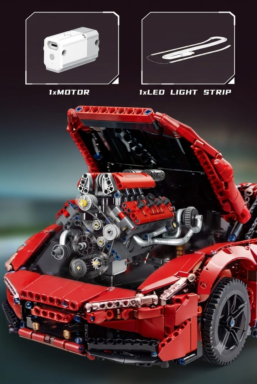 Motorized mechanical V8 engine building set installed inside the open hood of a red supercar model with motor and LED light strip.