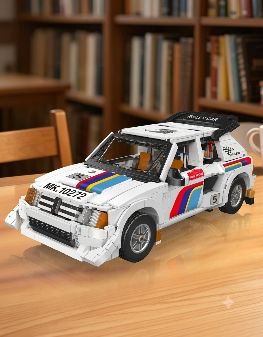 Assembled Mould King 10272 classic 205 T16 EVO 2 rally car building block model displayed on a wooden desk.