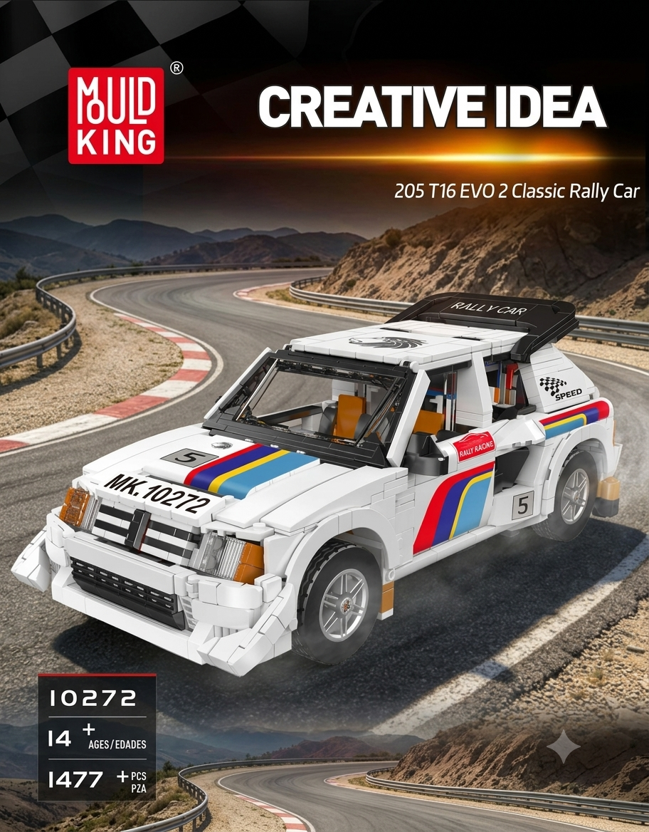Mould King 10272 Creative Idea 205 T16 EVO 2 classic rally race car 1477-piece building set driving on an asphalt track.