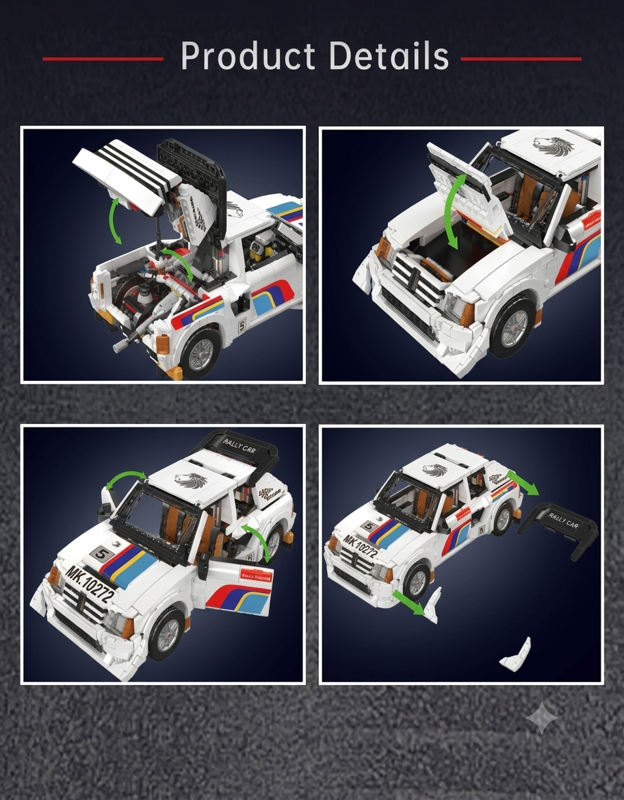 Interactive features of the Mould King rally car showing opening rear engine hatch, front bonnet, and side doors.