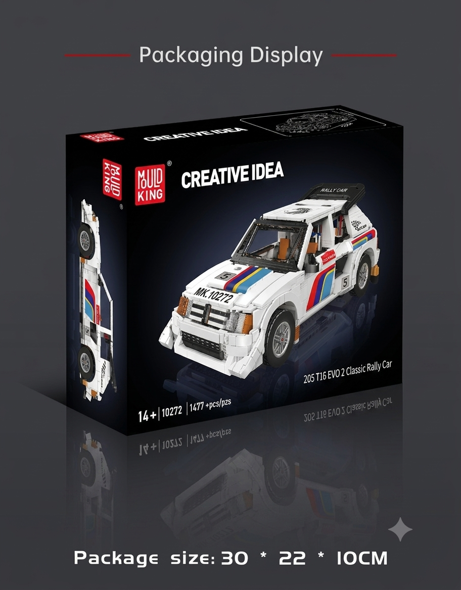 Product packaging box for Mould King 10272 205 T16 EVO 2 classic rally car set with dimensions 30x22x10cm.