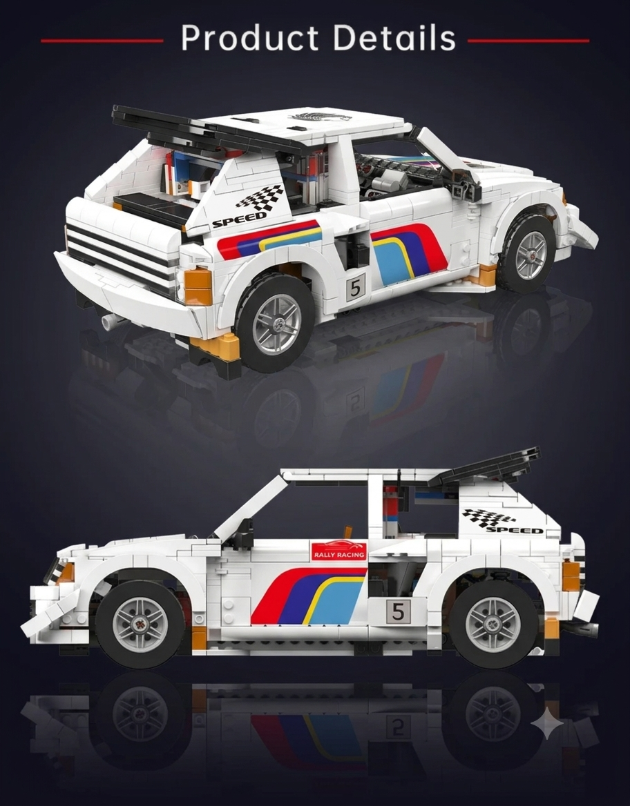Side and rear view showing aerodynamic spoiler and vintage racing livery of the 205 T16 EVO 2 building block vehicle.