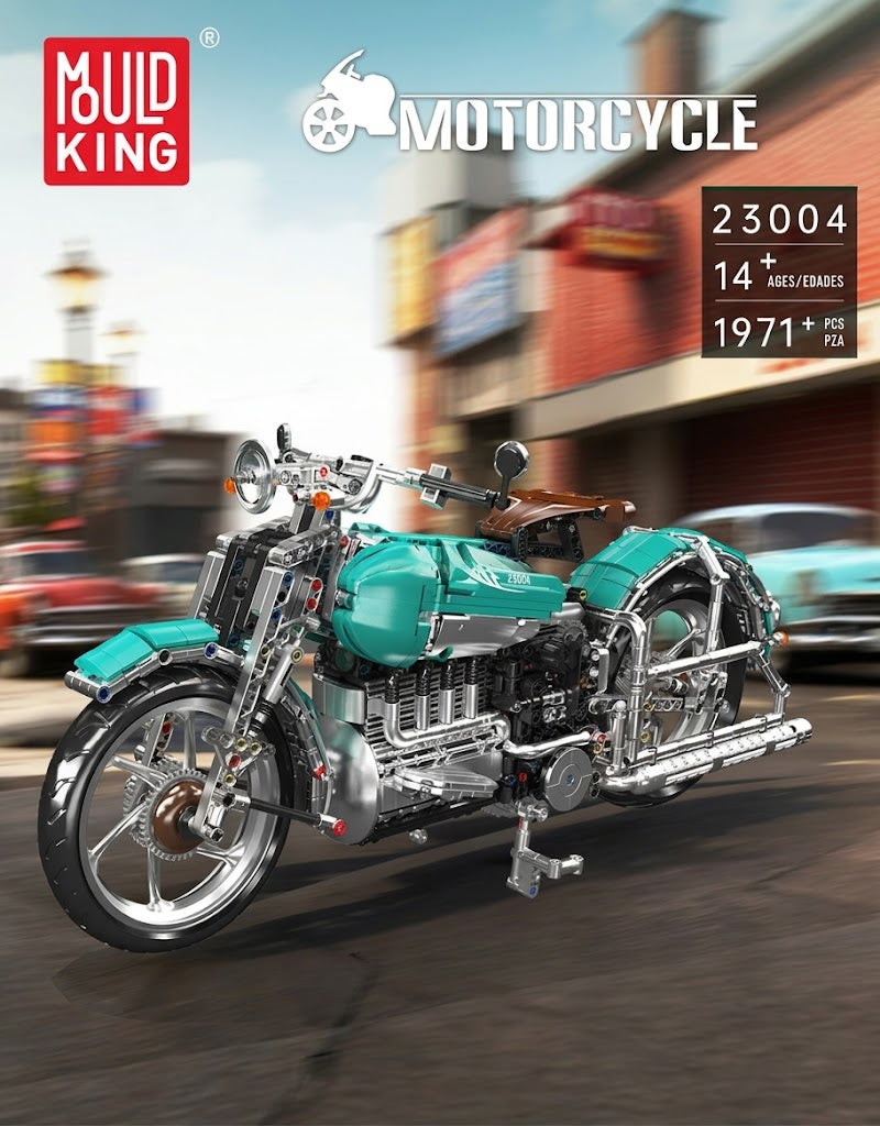 Mould King 23004 retro motorcycle 1971-piece DIY building block set featured on a vintage street background.