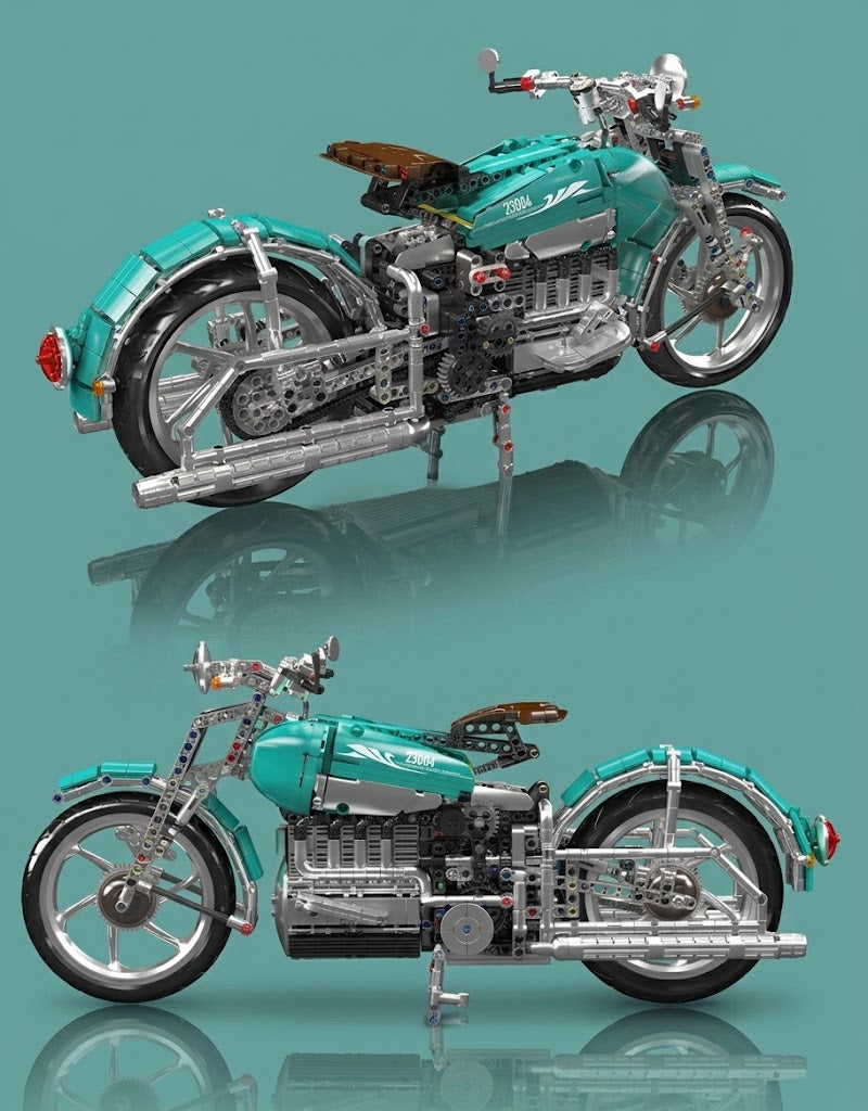 Mould King 23004 retro classic cruiser motorcycle building block model with turquoise body and chrome mechanical details shown from side and three-quarter angles.
