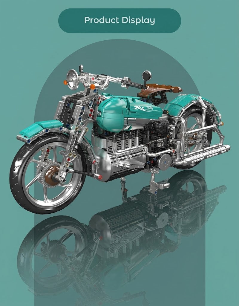 Mould King retro cruiser motorcycle collector model assembled in turquoise and chrome on a mirror surface display.