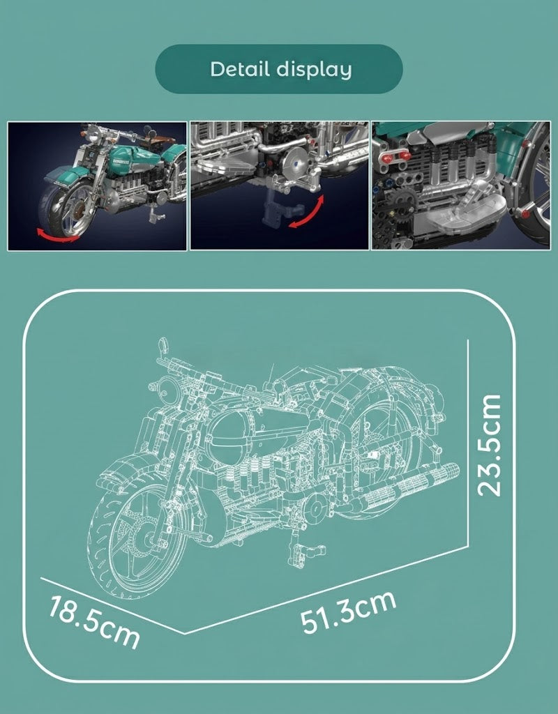 Technical dimension diagram measuring 51.3 cm long by 23.5 cm high alongside close-ups of steerable front wheel, kickstand, and moving foot pedals.