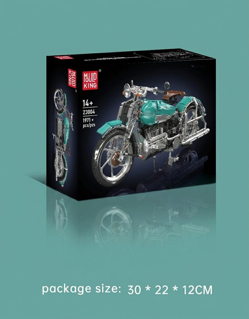 Mould King 23004 retro classic motorcycle building kit retail box packaging showing 30x22x12 cm dimensions and 1971 pieces count.