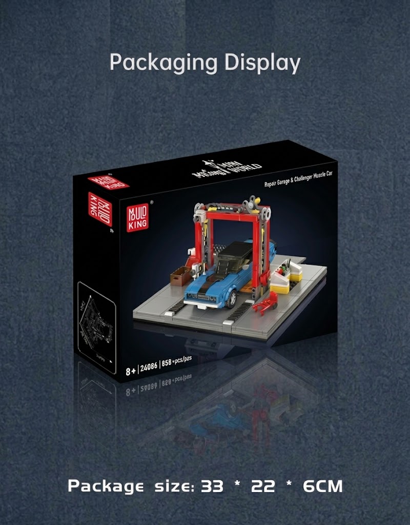 The black retail packaging box for the Mould King 24086 Mini World Repair Garage and Challenger Muscle Car DIY building kit, highlighting its 858-piece count, in stock for customers in Lebanon.
