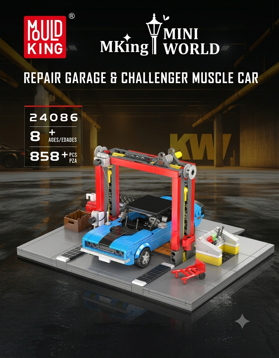 Mould King Mini World 24086 Repair Garage and Challenger Muscle Car 858-piece building kit showcase.