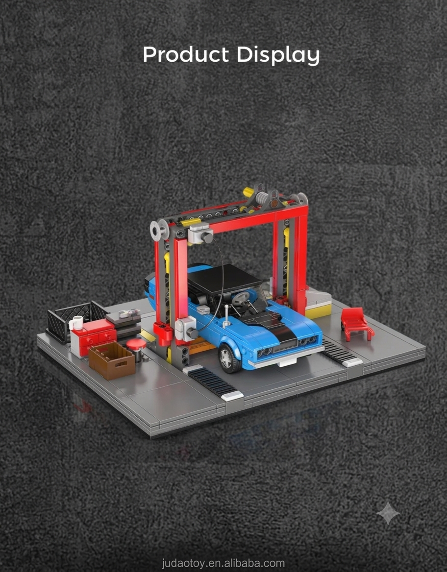 Assembled Mould King 24086 repair garage diorama featuring a blue Challenger muscle car on a mechanic vehicle lift with workshop accessories.