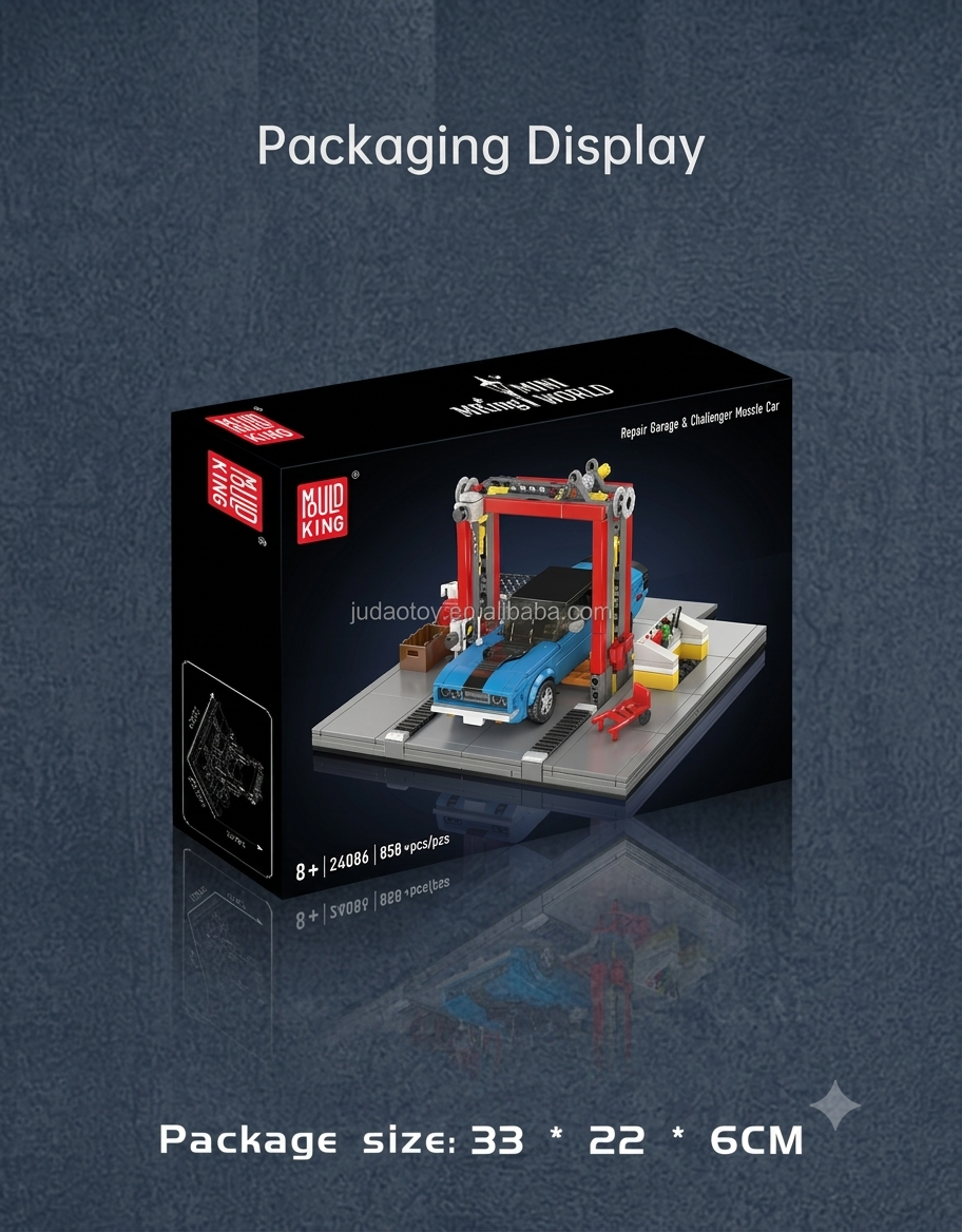 Mould King 24086 Mini World Repair Garage and Challenger Muscle Car 858-piece building block set in retail packaging box with dimensions.